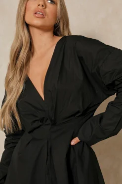 Plunge Front Gathered Sleeve Shirt Dress -Ves Trendy Sales black plunge front gathered sleeve shirt dress 5