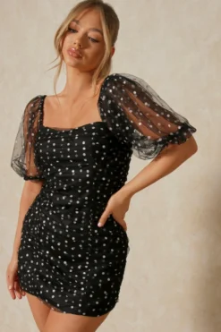 Polka Dot Mesh Ruched Mini Dress -Ves Trendy Sales black polka dot mesh ruched mini dress 5