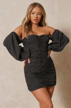 Polka Dot Ruched Balloon Sleeve Bardot Dress