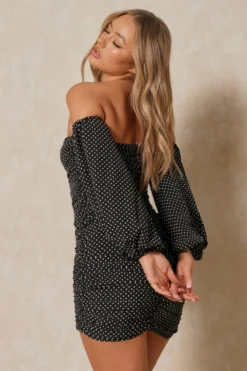 Polka Dot Ruched Balloon Sleeve Bardot Dress -Ves Trendy Sales black polka dot ruched balloon sleeve bardot dress 3
