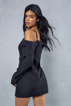 Poplin Off The Shoulder Button Through Shirt Dress -Ves Trendy Sales black poplin off the shoulder button through shirt dress 2