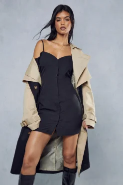 Poplin Off The Shoulder Button Through Shirt Dress