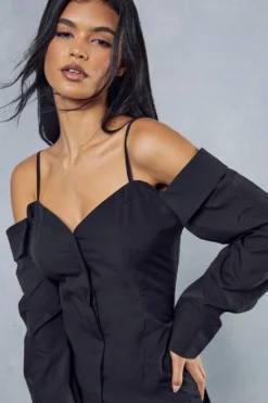 Poplin Off The Shoulder Button Through Shirt Dress -Ves Trendy Sales black poplin off the shoulder button through shirt dress 3