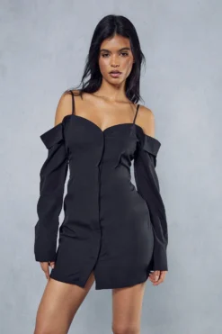 Poplin Off The Shoulder Button Through Shirt Dress -Ves Trendy Sales black poplin off the shoulder button through shirt dress 4