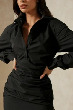 Poplin Ruched Side Long Sleeve Shirt Dress -Ves Trendy Sales black poplin ruched side long sleeve shirt dress 2