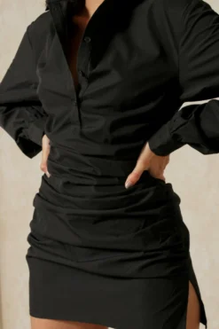 Poplin Ruched Side Long Sleeve Shirt Dress -Ves Trendy Sales black poplin ruched side long sleeve shirt dress 3
