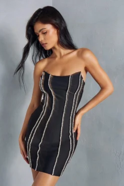 Premium Bandage Diamante Trim Bandeau Dress -Ves Trendy Sales black premium bandage diamante trim bandeau dress 3