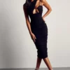 Premium Mesh Asymmetric Strap Midi Dress