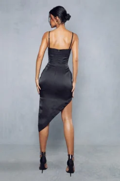 Premium Mesh Insert Corset Satin Wrap Midi Dress -Ves Trendy Sales black premium mesh insert corset satin wrap midi dress 2