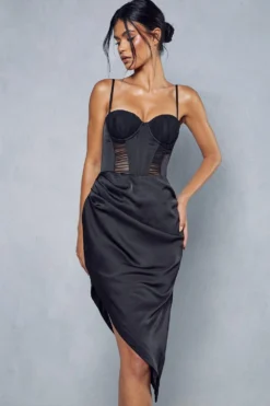 Premium Mesh Insert Corset Satin Wrap Midi Dress -Ves Trendy Sales black premium mesh insert corset satin wrap midi dress 4