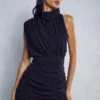 Premium Mesh Ruched Asymmetric High Neck Mini Dress