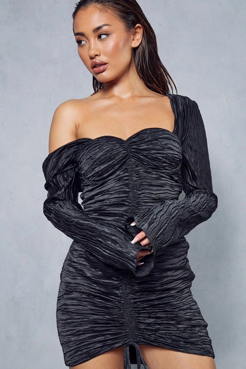 Premium Plisse Crinkle Off The Shoulder Ruched Mini Dress 2 Premium Plisse Crinkle Off The Shoulder Ruched Mini Dress - Image 2