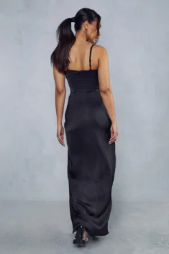 Premium Satin Corseted Plunge Split Leg Maxi Dress -Ves Trendy Sales black premium satin corseted plunge split leg maxi dress 2