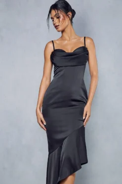 Premium Satin Draped Bust Frill Hem Midi Dress -Ves Trendy Sales black premium satin draped bust frill hem midi dress 5