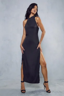 Premium Satin High Neck Draped Maxi Dress