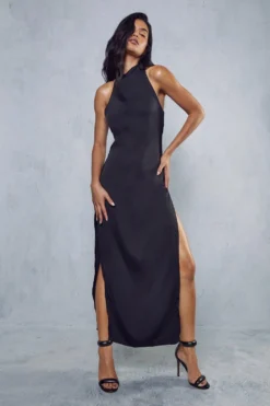 Premium Satin High Neck Draped Maxi Dress -Ves Trendy Sales black premium satin high neck draped maxi dress 3