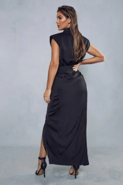 Premium Satin Tailored Wrap Maxi Dress -Ves Trendy Sales black premium satin tailored wrap maxi dress 2