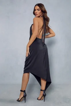 Premium Satin Twist Detail Halterneck Midi Dress -Ves Trendy Sales black premium satin twist detail halterneck midi dress 1 2