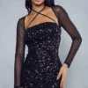Premium Sequin Cross Strap Mesh Sleeve Dress