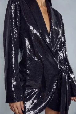 Premium Sequin Wrap Tie Side Dress -Ves Trendy Sales black premium sequin wrap tie side dress 5