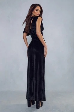 Premium Velvet Corseted Draped Maxi Dress -Ves Trendy Sales black premium velvet corseted draped maxi dress 2