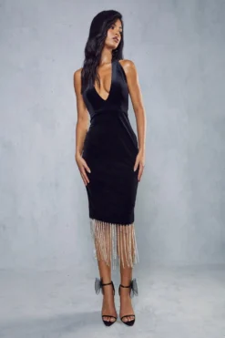 Premium Velvet Diamante Trim Midi Dress -Ves Trendy Sales black premium velvet diamante trim midi dress 2