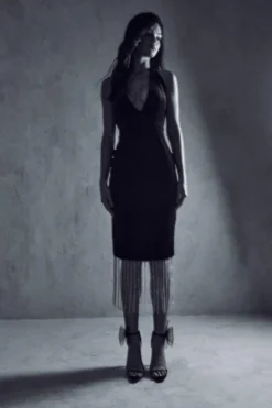 Premium Velvet Diamante Trim Midi Dress -Ves Trendy Sales black premium velvet diamante trim midi dress 6