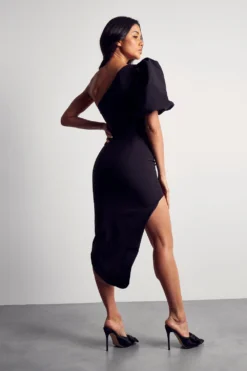 Puff Sleeve Asymmetric Midi Dress -Ves Trendy Sales black puff sleeve asymmetric midi dress 2