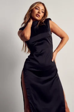 Recycled Satin Sleeveless Split Maxi Dress -Ves Trendy Sales black recycled satin sleeveless split maxi dress 4
