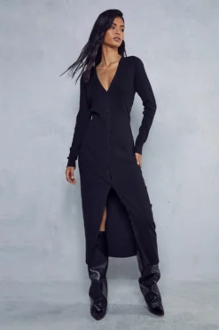 Rib Knit Button Down Midi Dress 8 Rib Knit Button Down Midi Dress -Ves Trendy Sales black rib knit button down midi dress 3