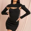 Ribbed High Neck Open Chest Mini Dress