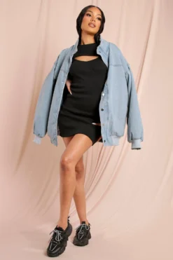 Ribbed High Neck Open Chest Mini Dress -Ves Trendy Sales black ribbed high neck open chest mini dress 2