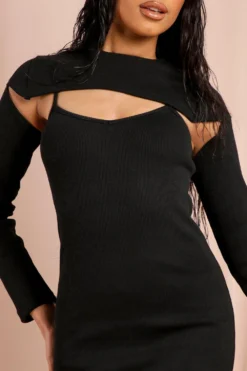 Ribbed High Neck Open Chest Mini Dress -Ves Trendy Sales black ribbed high neck open chest mini dress 3