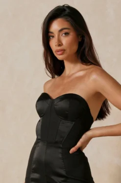 Satin Contrast Panel Bandeau Dress -Ves Trendy Sales black satin contrast panel bandeau dress 5