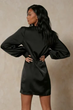 Satin Draped Collarless Shirt Dress -Ves Trendy Sales black satin draped collarless shirt dress 2