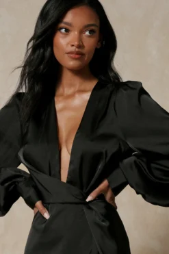 Satin Draped Collarless Shirt Dress -Ves Trendy Sales black satin draped collarless shirt dress 4