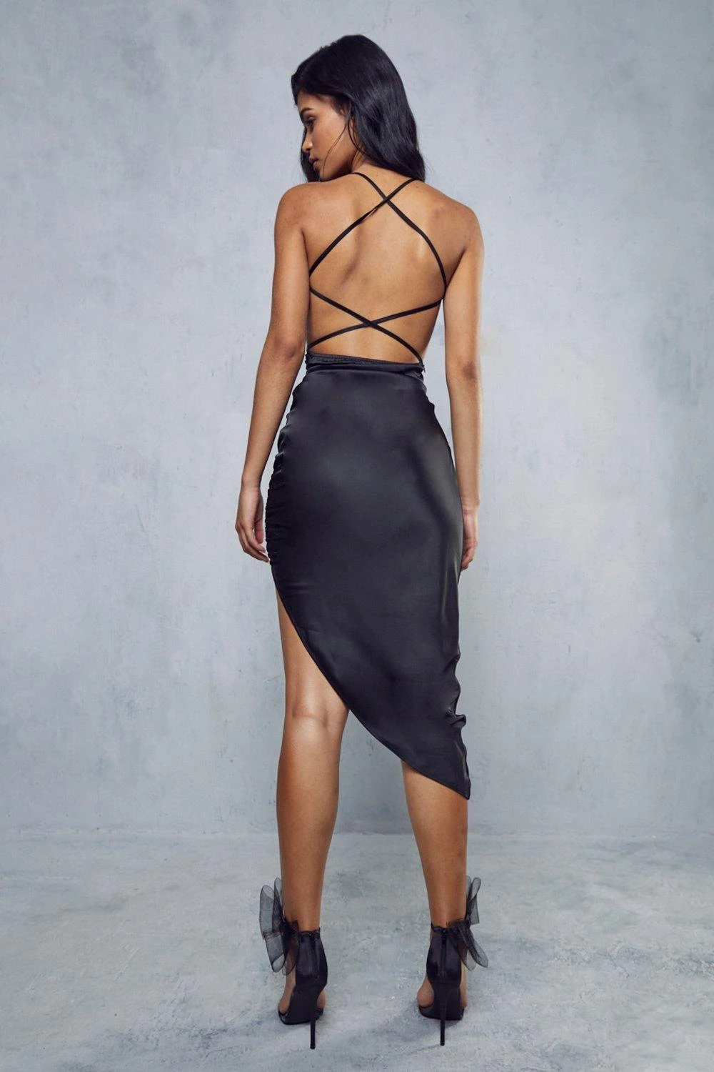 Satin Lace Up Ruched Side Midi Dress 3 Satin Lace Up Ruched Side Midi Dress - Image 3