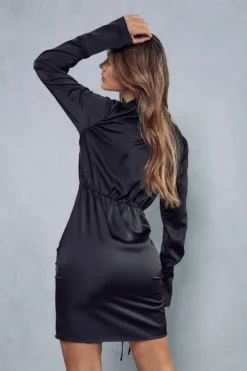 Satin Ruched Side Shirt Dress -Ves Trendy Sales black satin ruched side shirt dress 2
