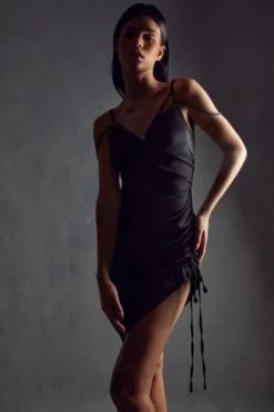 Satin Ruched Strappy Midi Dress 10 Satin Ruched Strappy Midi Dress -Ves Trendy Sales black satin ruched strappy midi dress 4