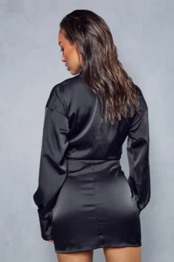 Satin Ruched Twist Front Shirt Dress -Ves Trendy Sales black satin ruched twist front shirt dress 2