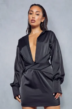 Satin Ruched Twist Front Shirt Dress -Ves Trendy Sales black satin ruched twist front shirt dress 4