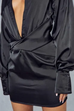 Satin Ruched Twist Front Shirt Dress -Ves Trendy Sales black satin ruched twist front shirt dress 5
