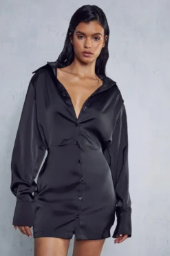 Satin Shoulder Pad Shirt Dress