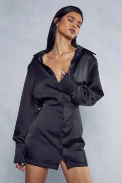 Satin Shoulder Pad Shirt Dress -Ves Trendy Sales black satin shoulder pad shirt dress 4