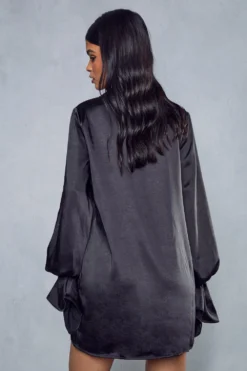 Satin Tie Sleeve Shirt Dress -Ves Trendy Sales black satin tie sleeve shirt dress 2