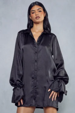 Satin Tie Sleeve Shirt Dress