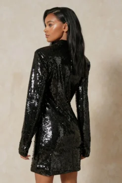 Sequin Twist Cut Out Blazer Dress -Ves Trendy Sales black sequin twist cut out blazer dress 2