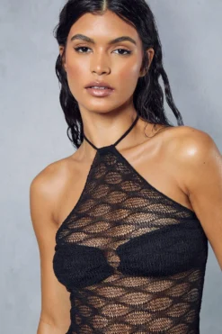 Sheer Knitted Bandeau Maxi Dress -Ves Trendy Sales black sheer knitted bandeau maxi dress 1 5