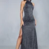 Shimmer Double Layer High Neck Backless Maxi Dress