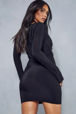 Slinky Twist Front Long Sleeve Mini Dress -Ves Trendy Sales black slinky twist front long sleeve mini dress 2